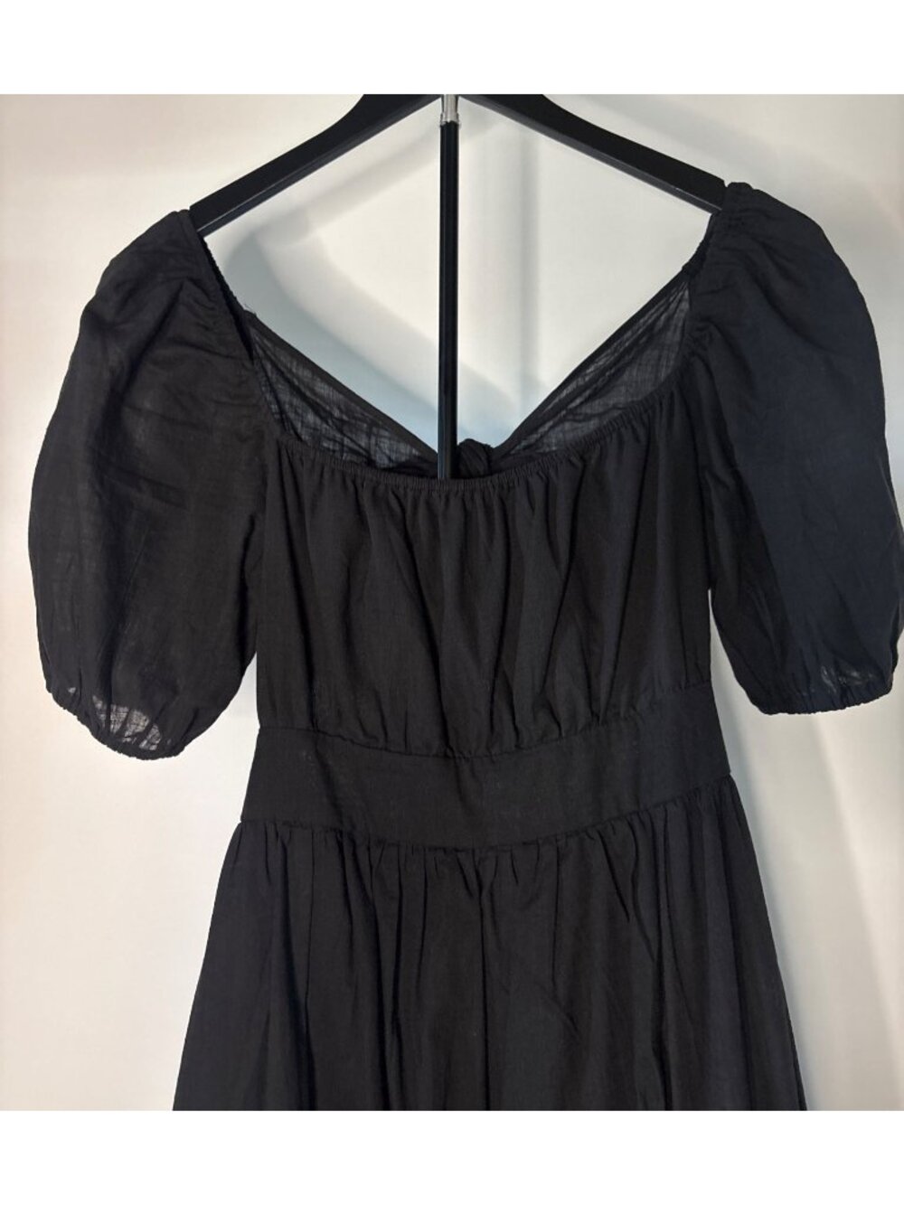 SHEIN Midi Black Backless Cut Out Puff Sleeve Tie Back Smocked Waist Ruffled Hem - Picture 13 of 16